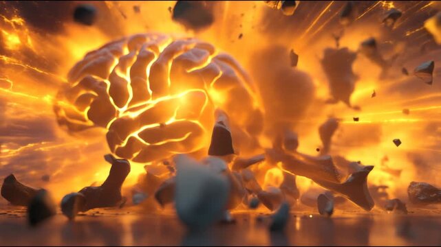 Exploding brain concept with dynamic energy and debris, showcasing intense visual transformation