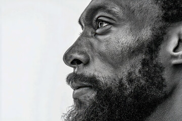 Obraz premium Detailed side portrait of a thoughtful bearded man looking ahead with a contemplative expression against a plain light background in high resolution