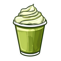 Sticker illustration of a green matcha latte beverage with whipped cream topping