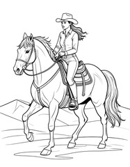 Woman riding horse, black and white