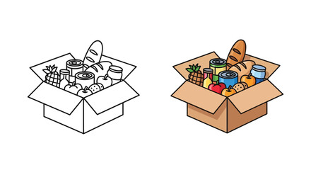 A colorful and grayscale depiction of a box filled with various groceries