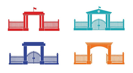 Four colorful gate designs featuring arched entrances and decorative fencing