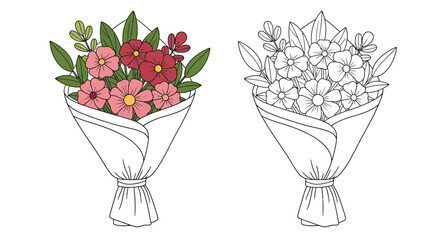 Colorful and grayscale floral bouquets side by side with wrapping