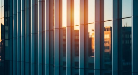Obraz premium Modern Glass Facade Reflecting Sunset Light, Urban Office Building Exterior