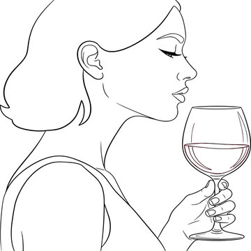 Elegant line art drawing of a beautiful woman with closed eyes savoring the aroma of red wine in a glass