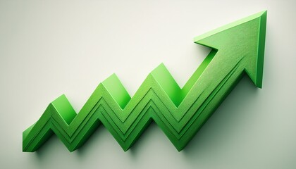3d bright green zigzag arrow pointing upward on white background symbolizing growth financial rise business success profit increase and positive market trends