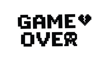 Pixelated game over message with a broken heart symbol displayed boldly