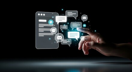 Interactive digital interface displaying communication icons and speech bubbles as a finger touches the screen