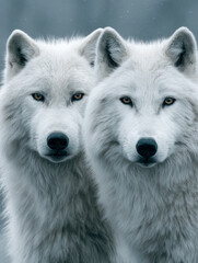 Fototapeta premium Two majestic white wolves with piercing eyes standing closely together in a serene snowy landscape capturing the essence of wild nature and companionship