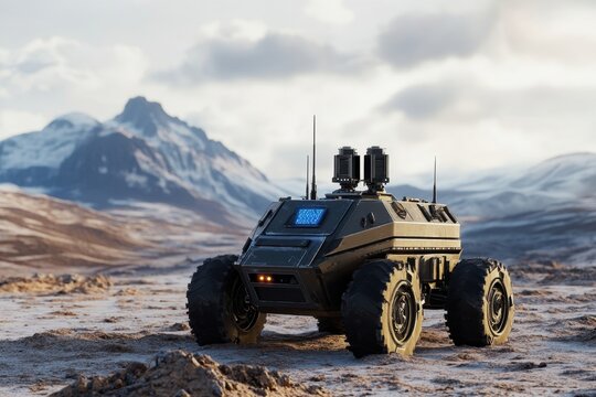 Advanced robotic vehicle explores rugged terrain under cloudy skies in a remote mountainous area