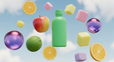 Assortment of fruits, candies, and a bottle floating in a sky background