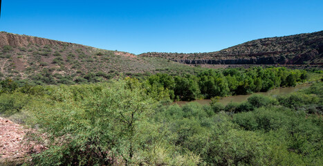 landscape with mountains clear blue sky and verde canyon river in Arizona, USA