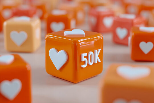 Bright orange 3d cubes featuring white hearts and a prominent 50k symbol representing social media likes or follower milestones in a dynamic composition