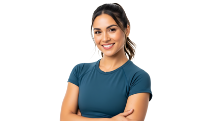 Confident fitness woman in activewear smiling cheerfully on transparent background