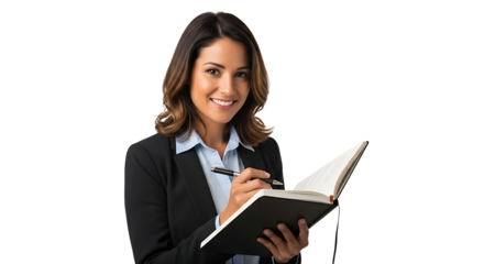 Confident businesswoman taking notes in her agenda on transparent background