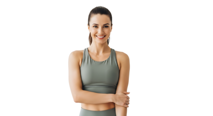 Smiling athletic woman in a matching sportswear outfit on transparent background