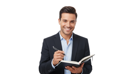 Smiling businessman holding a pen and notepad on transparent background
