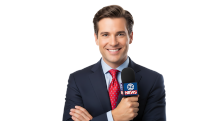 Smiling news presenter with microphone in hand on transparent background