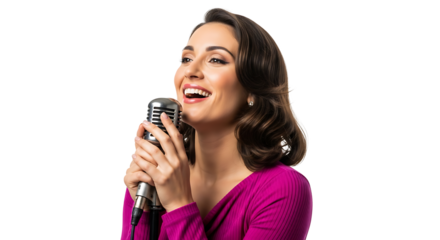 Elegant woman sings passionately into a classic microphone on transparent background