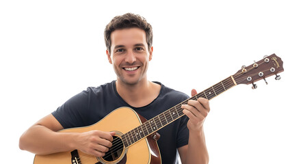 Obraz premium Smiling guitarist playing acoustic guitar with great passion on transparent background