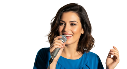 Smiling brunette performer holding microphone looks to the side on transparent background