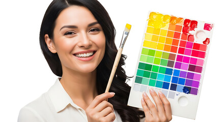 Smiling woman holding paintbrush and colorful paint swatches palette on transparent background