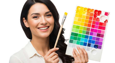 Smiling woman holding paintbrush and colorful paint swatches palette on transparent background