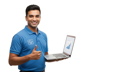 Smiling man with laptop displaying chart gives thumbs up on transparent background