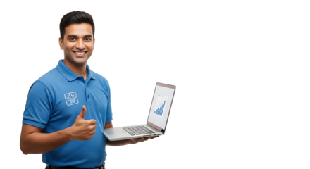Smiling man with laptop displaying chart gives thumbs up on transparent background