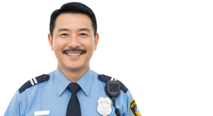 Smiling Asian security guard with mustache, looking forward on transparent background