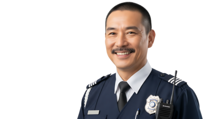 Upbeat Asian security officer in uniform smiling kindly on transparent background
