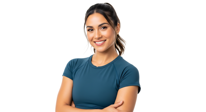 Confident fitness woman in activewear smiling cheerfully on transparent background