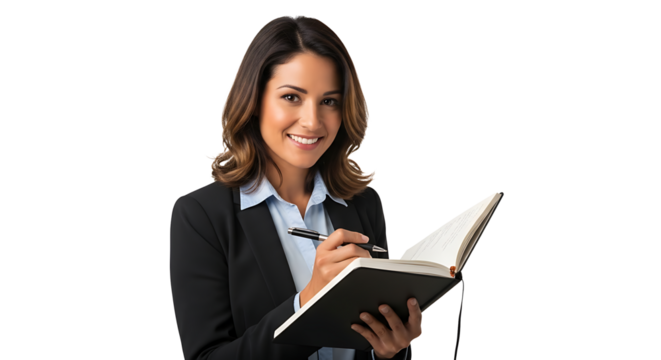Confident businesswoman taking notes in her agenda on transparent background
