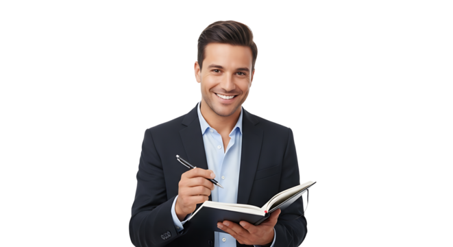 Smiling businessman holding a pen and notepad on transparent background