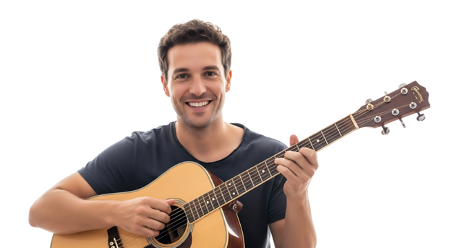 Smiling guitarist playing acoustic guitar with great passion on transparent background