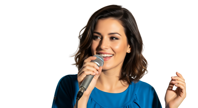 Smiling brunette performer holding microphone looks to the side on transparent background - Powered by Adobe