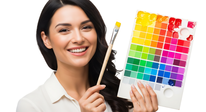 Smiling woman holding paintbrush and colorful paint swatches palette on transparent background