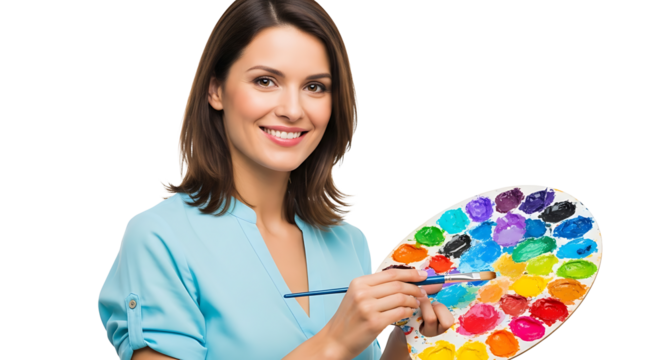 Smiling female artist holding colorful palette and paintbrush on transparent background