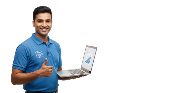 Smiling man with laptop displaying chart gives thumbs up on transparent background