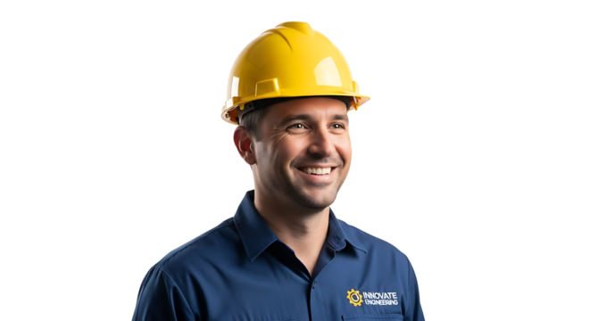 Cheerful engineer wearing hard hat and uniform smiling on transparent background
