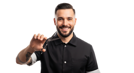 Handsome barber with gleaming scissors and black shirt on transparent background