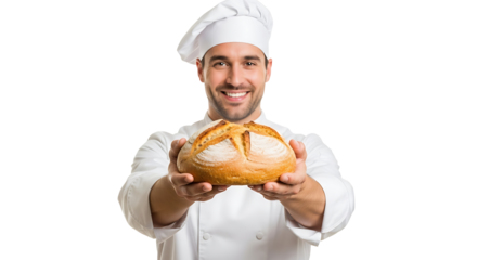 Smiling baker proudly presenting loaf of sourdough bread on transparent background
