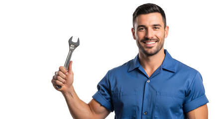 Smiling mechanic holding wrench, confident worker in uniform on transparent background