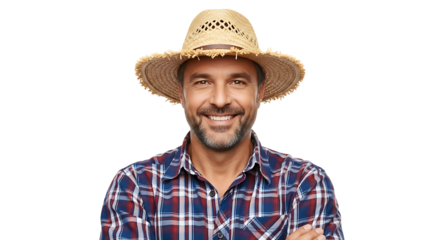 Cheerful man in straw hat smiles with crossed arms on transparent background