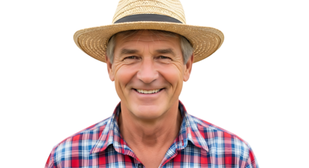 Friendly older man wearing straw hat portrait isolated on transparent background