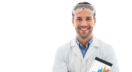 Smiling doctor holding a tablet with graph analysis on transparent background