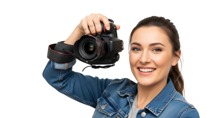 Joyful woman holding black camera in studio environment on transparent background