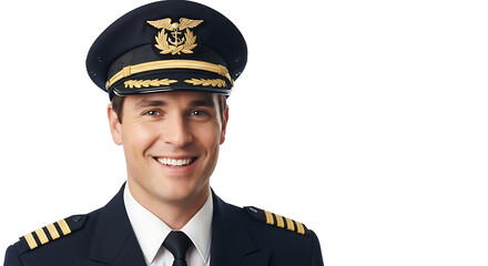 Naklejka na ściany i meble Confident airline pilot smiling wearing uniform and hat on transparent background Naklejka na ściany i meble Confident airline pilot smiling wearing uniform and hat on transparent background
