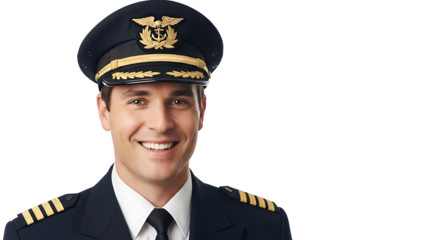Confident airline pilot smiling wearing uniform and hat on transparent background