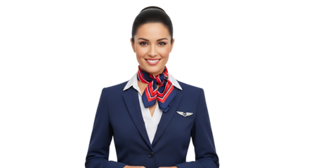 Smiling elegant stewardess in formal uniform showing a warm welcome on transparent background
